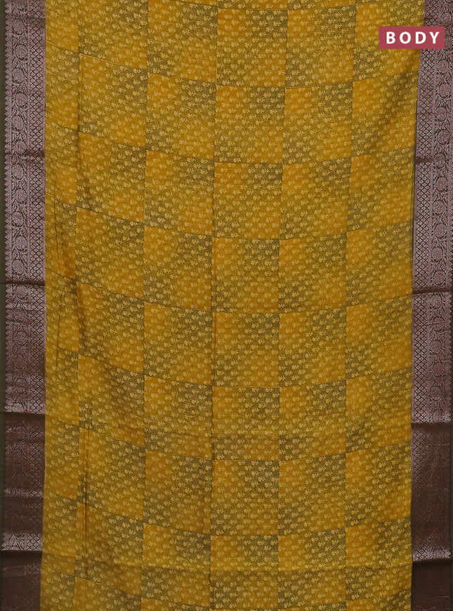 Chanderi silk cotton saree dark mustard and grey shade with allover prints and banarasi style border