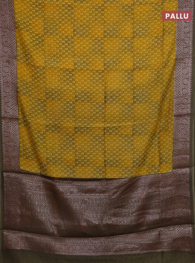Chanderi silk cotton saree dark mustard and grey shade with allover prints and banarasi style border