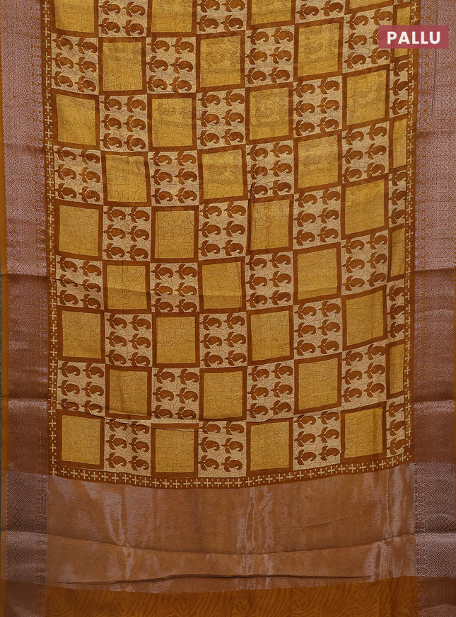 Chanderi silk cotton saree dark mustard with allover paisley butta prints and banarasi style border