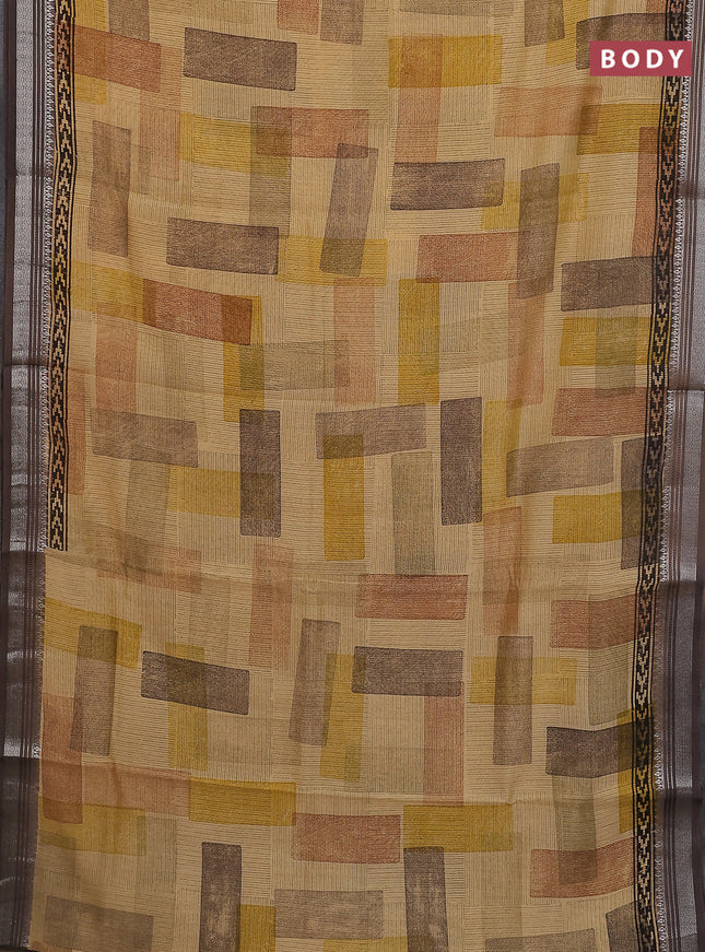Chanderi silk cotton saree brown with allover prints and silver zari woven border