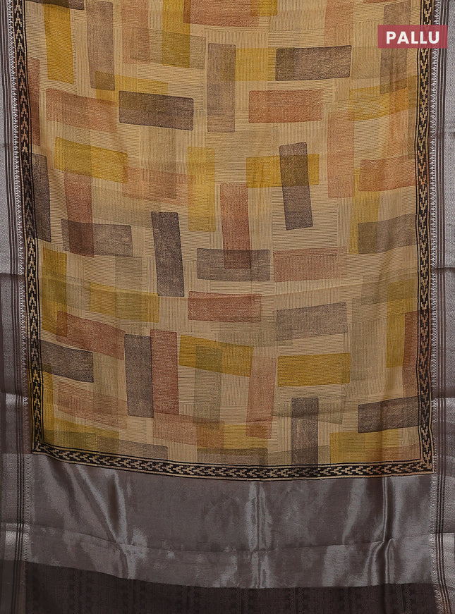 Chanderi silk cotton saree brown with allover prints and silver zari woven border