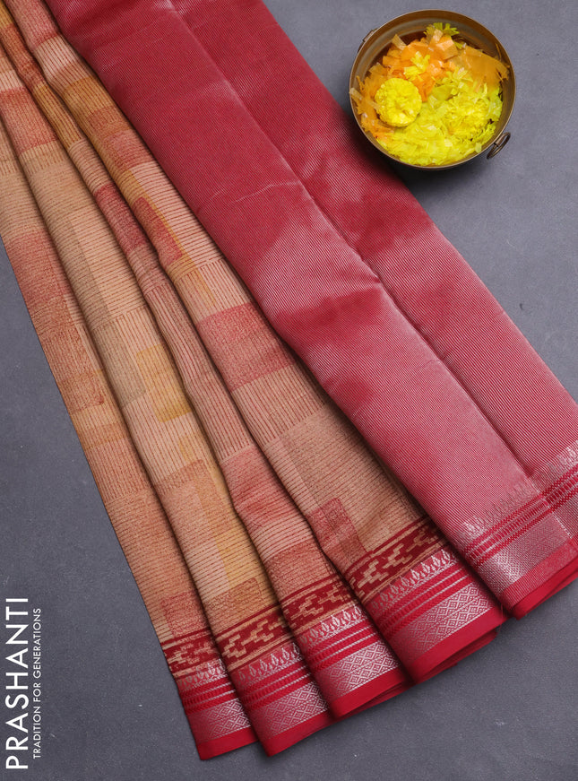 Chanderi silk cotton saree brown and maroon with allover prints and silver zari woven border