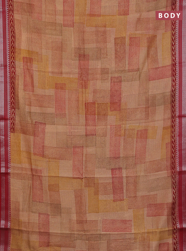 Chanderi silk cotton saree brown and maroon with allover prints and silver zari woven border