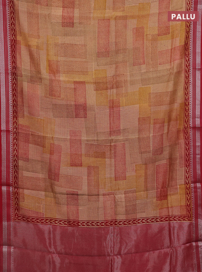 Chanderi silk cotton saree brown and maroon with allover prints and silver zari woven border
