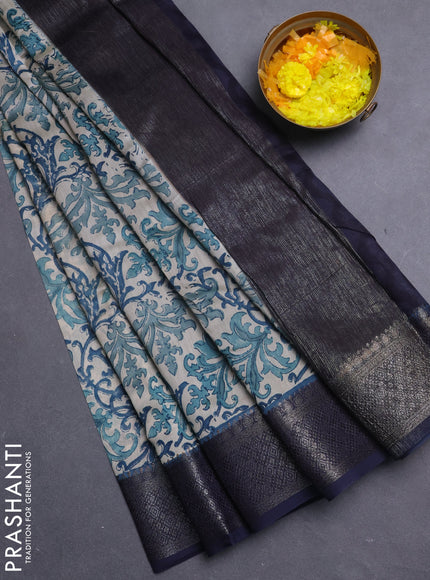 Chanderi silk cotton saree beige and navy blue with allover prints and banarasi style border