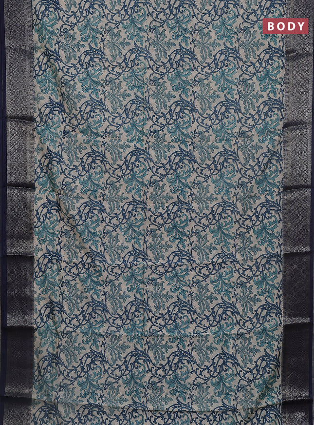 Chanderi silk cotton saree beige and navy blue with allover prints and banarasi style border