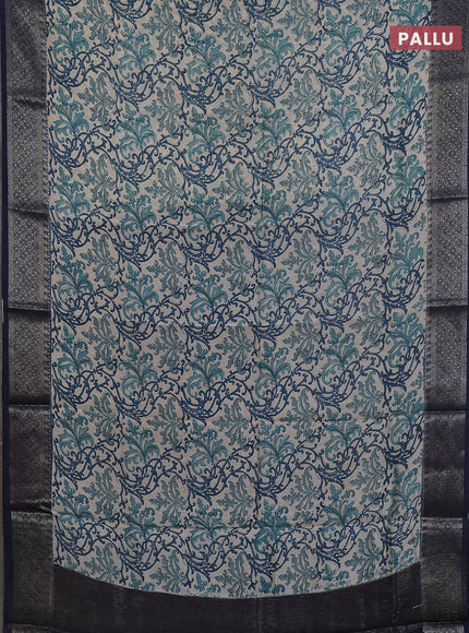 Chanderi silk cotton saree beige and navy blue with allover prints and banarasi style border