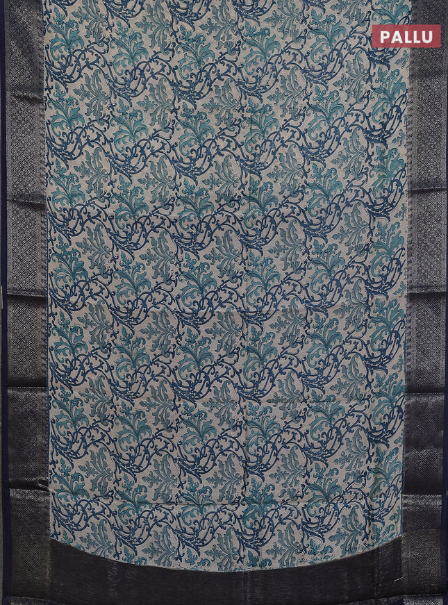 Chanderi silk cotton saree beige and navy blue with allover prints and banarasi style border