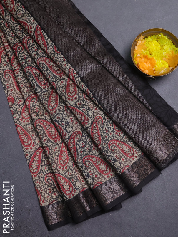 Chanderi silk cotton saree red and black with allover paisley prints and banarasi style border