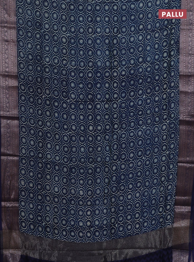 Chanderi silk cotton saree blue with allover prints and banarasi style border