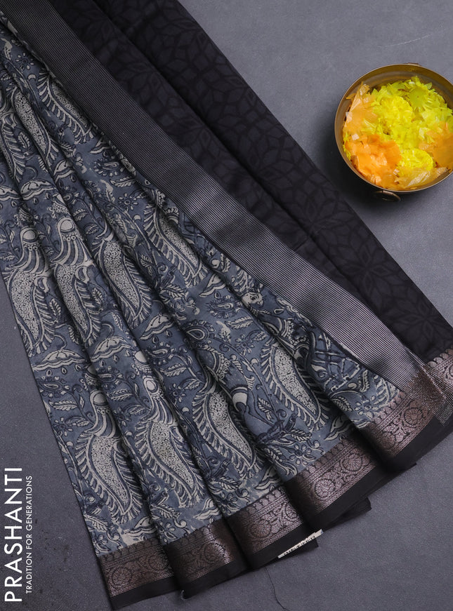Chanderi silk cotton saree grey and black with allover kalamkari prints and banarasi style border