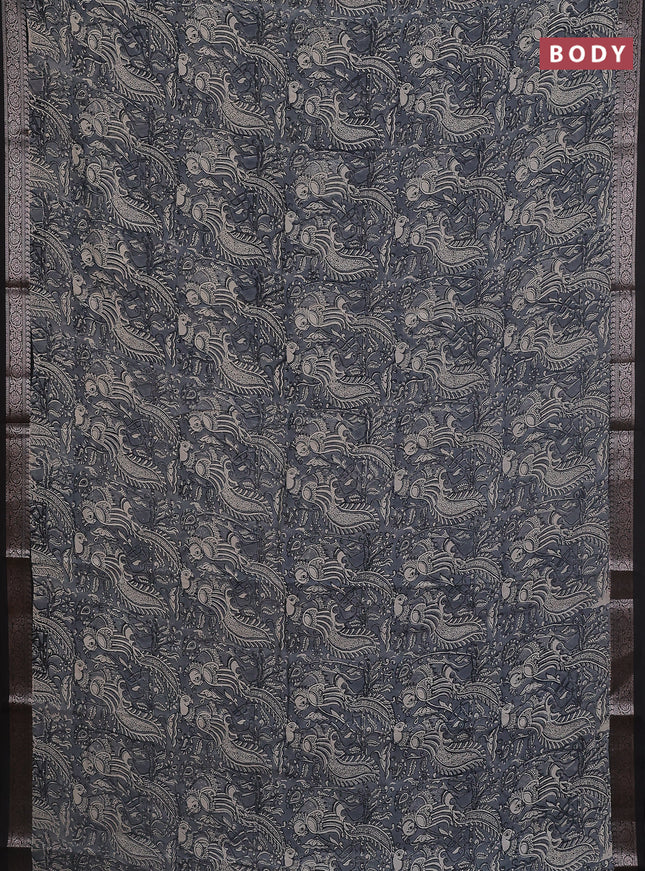Chanderi silk cotton saree grey and black with allover kalamkari prints and banarasi style border