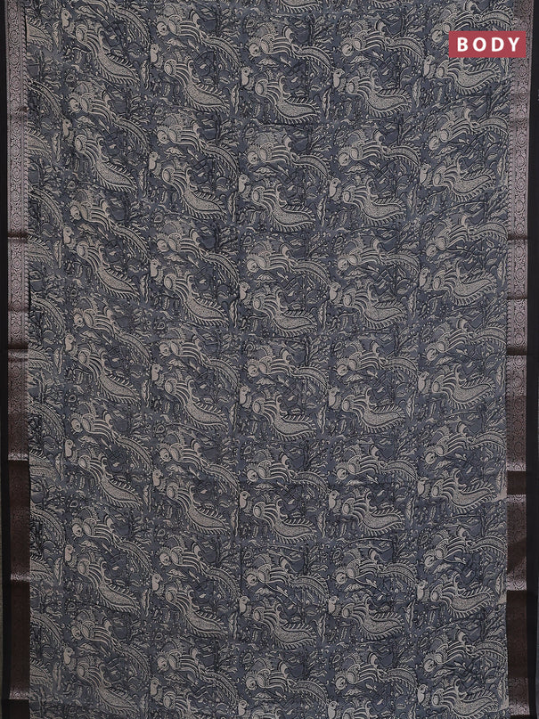 Chanderi silk cotton saree grey and black with allover kalamkari prints and banarasi style border