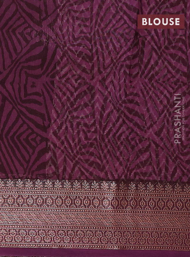 Chanderi silk cotton saree wine shade with allover zig zag prints and banarasi style border