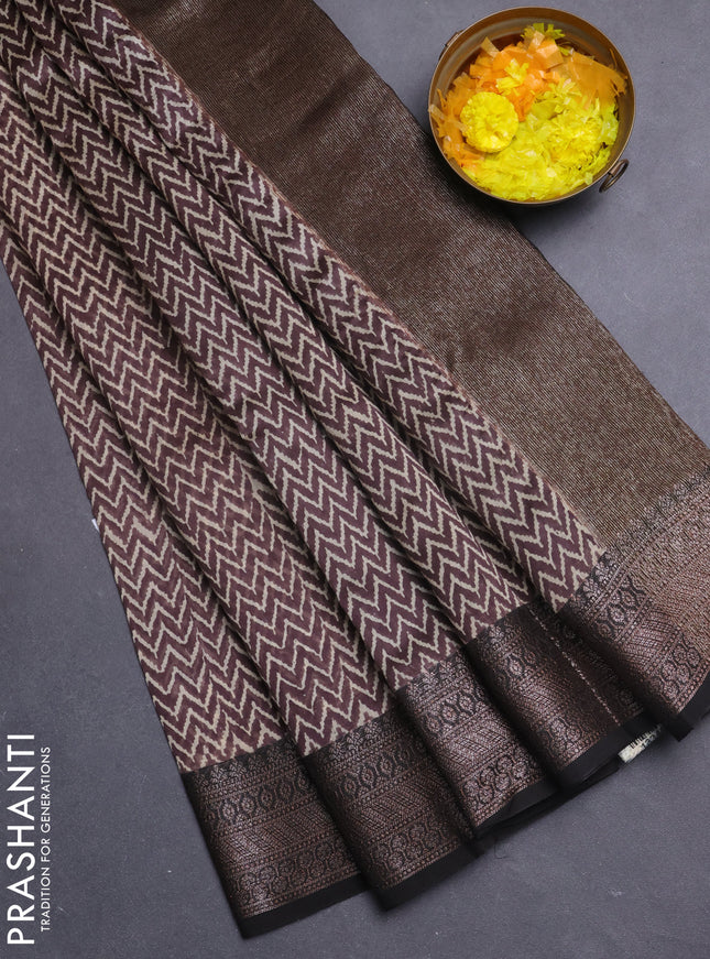 Chanderi silk cotton saree jamun shade and black with allover zig zag prints and banarasi style border