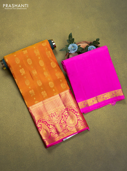 Pure silk lehenga dhawani mango yellow and candy pink with allover annam & rudhraksha zari woven buttas and rich zari woven border