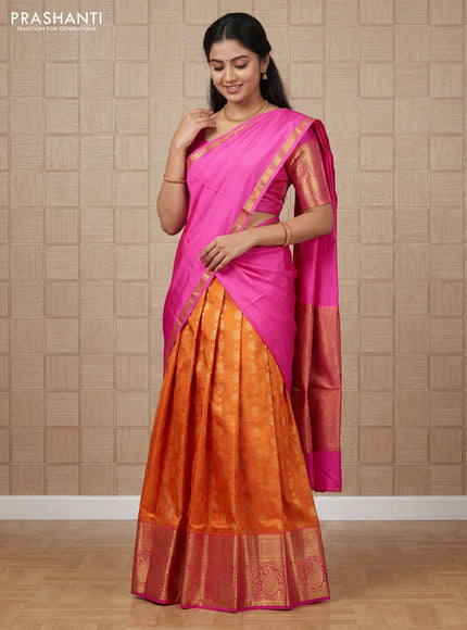 Pure silk lehenga dhawani mango yellow and candy pink with allover annam & rudhraksha zari woven buttas and rich zari woven border