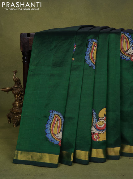 Silk cotton saree bottle green with kalamkari applique work and zari woven border