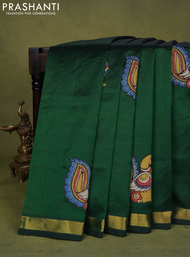 Silk cotton saree bottle green with kalamkari applique work and zari woven border
