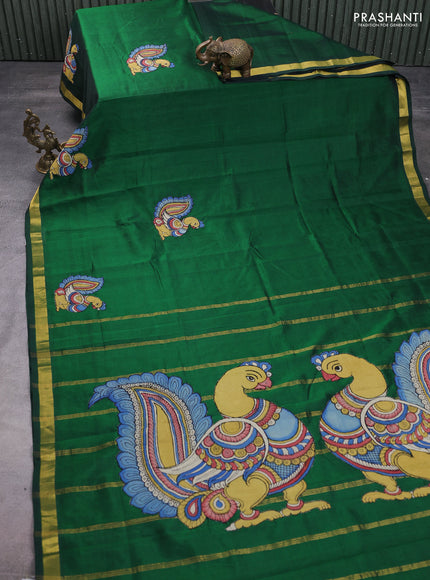 Silk cotton saree bottle green with kalamkari applique work and zari woven border