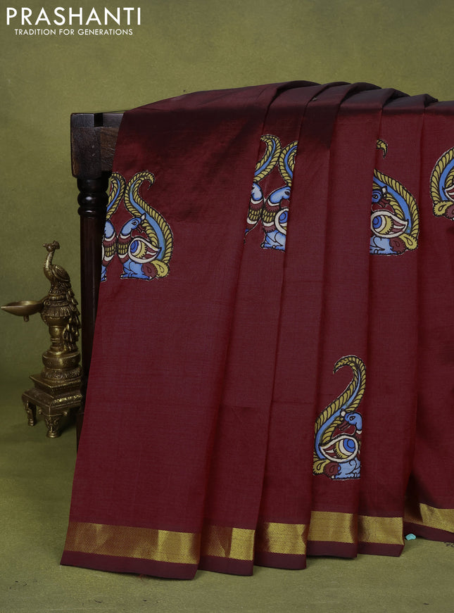 Silk cotton saree deep maroon with kalamkari applique work and zari woven border