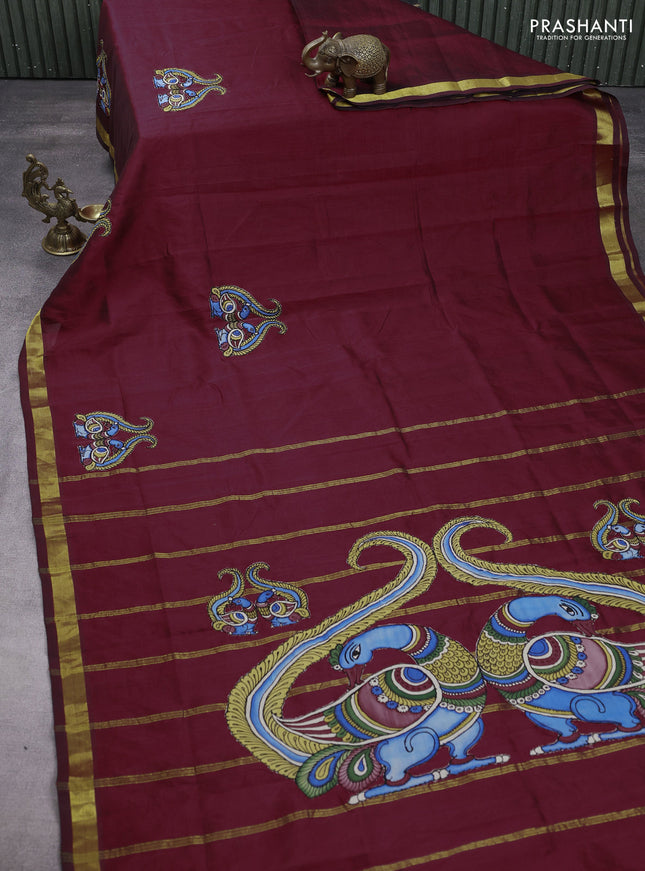 Silk cotton saree deep maroon with kalamkari applique work and zari woven border