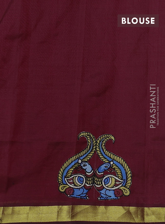 Silk cotton saree deep maroon with kalamkari applique work and zari woven border