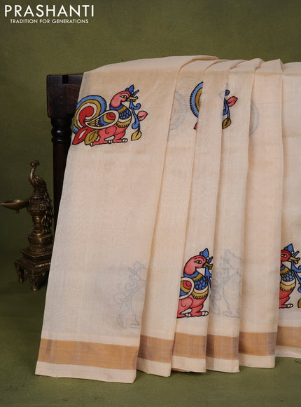 Silk cotton saree beige with kalamkari applique work and zari woven border