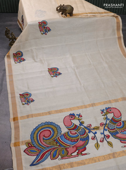 Silk cotton saree beige with kalamkari applique work and zari woven border