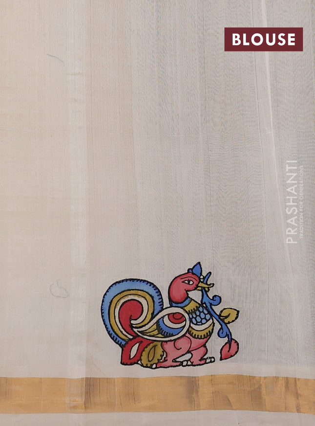 Silk cotton saree beige with kalamkari applique work and zari woven border