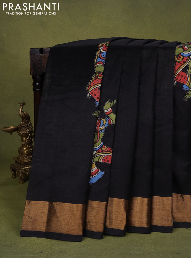Silk cotton saree black with kalamkari applique work and zari woven border