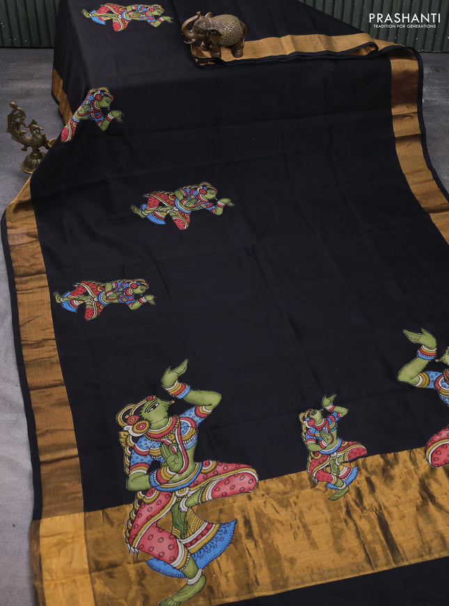 Silk cotton saree black with kalamkari applique work and zari woven border
