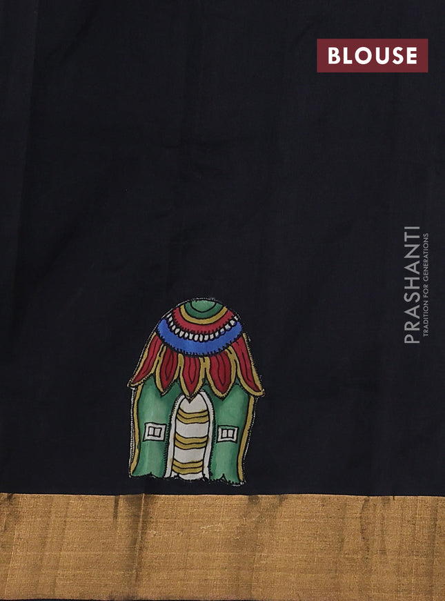Silk cotton saree black with kalamkari applique work and zari woven border