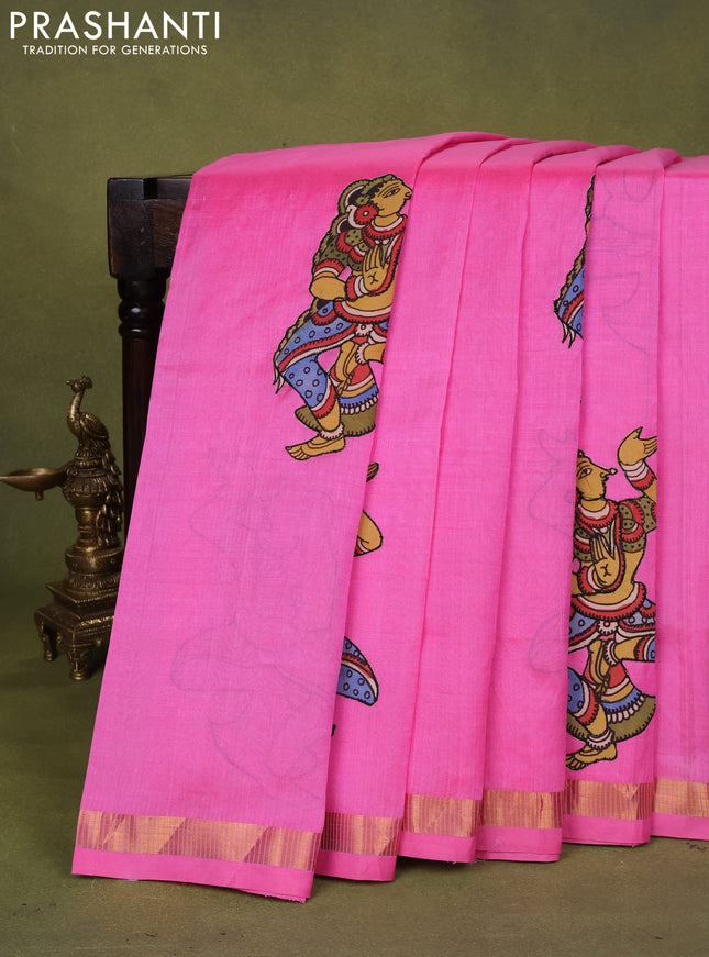 Silk cotton saree candy pink with kalamkari applique work and zari woven border