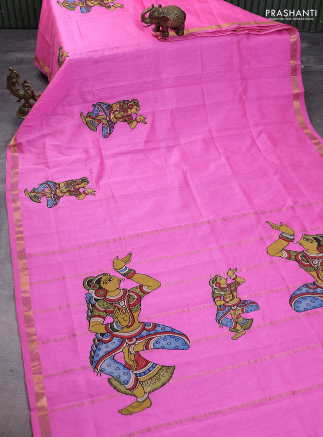 Silk cotton saree candy pink with kalamkari applique work and zari woven border
