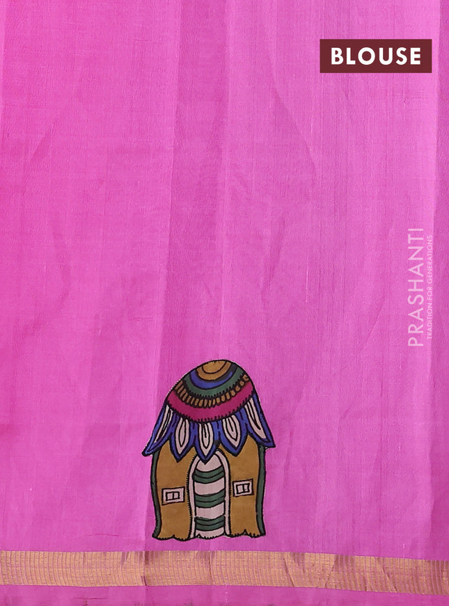 Silk cotton saree candy pink with kalamkari applique work and zari woven border