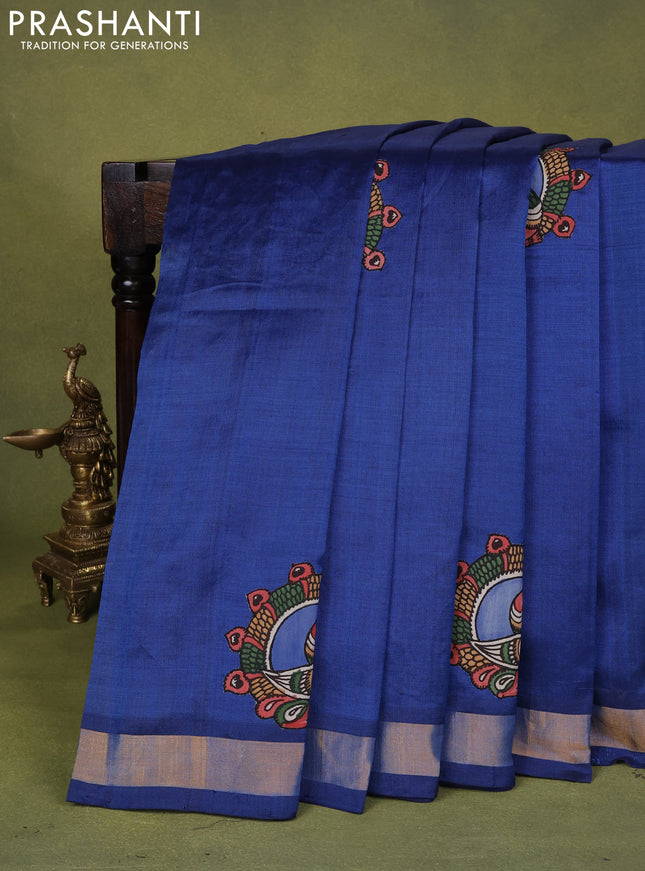 Silk cotton saree peacock blue with kalamkari applique work and zari woven border