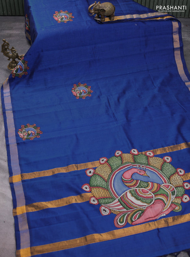 Silk cotton saree peacock blue with kalamkari applique work and zari woven border
