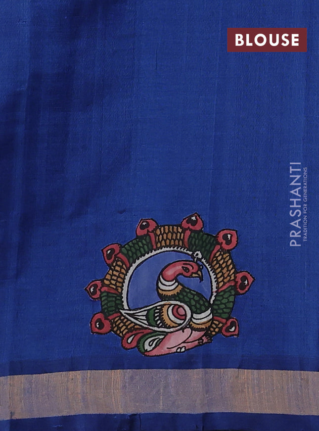 Silk cotton saree peacock blue with kalamkari applique work and zari woven border