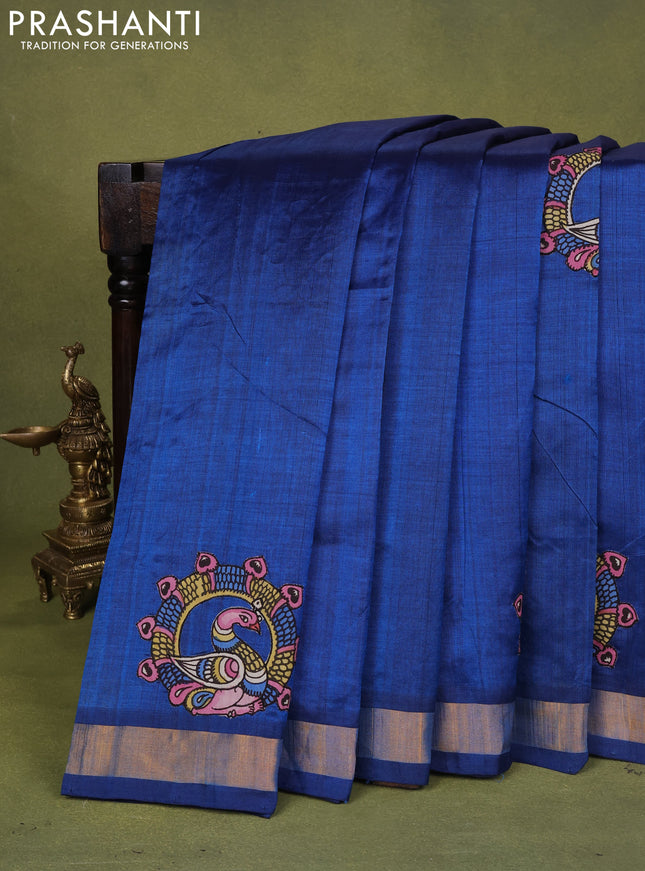 Silk cotton saree peacock blue with kalamkari applique work and zari woven border