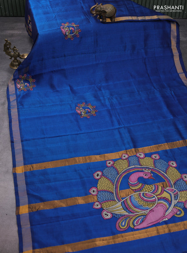 Silk cotton saree peacock blue with kalamkari applique work and zari woven border