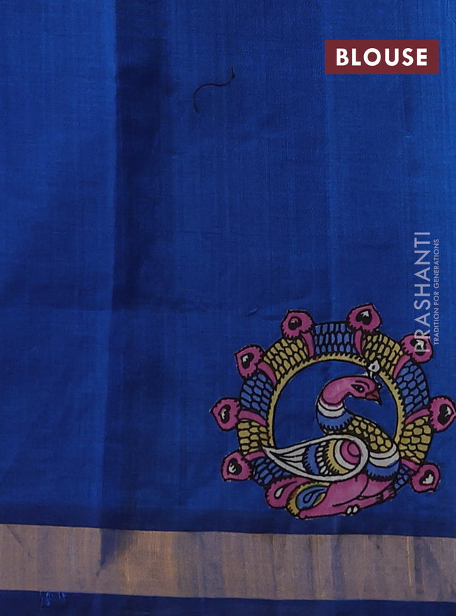 Silk cotton saree peacock blue with kalamkari applique work and zari woven border