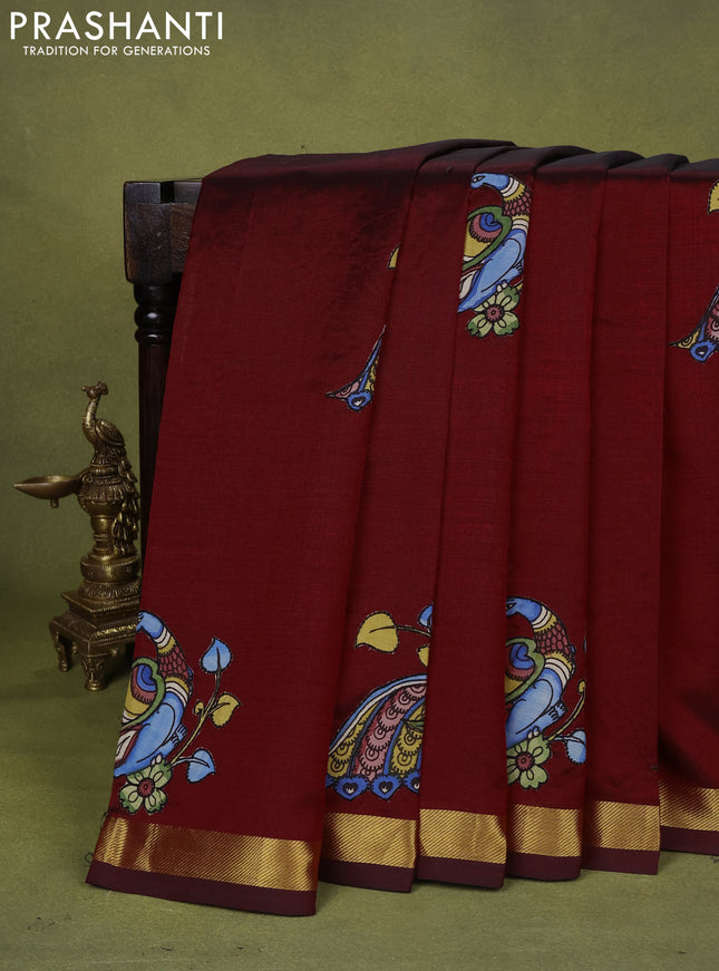 Silk cotton saree maroon with kalamkari applique work and zari woven border