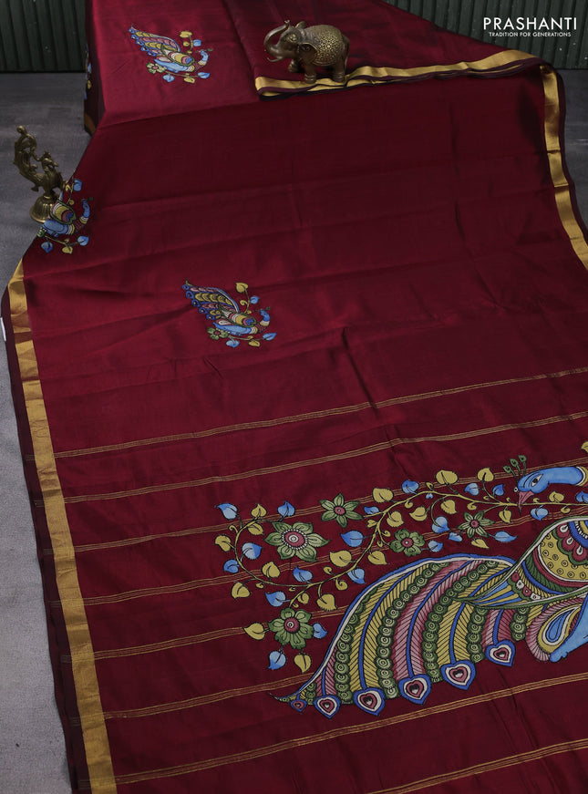 Silk cotton saree maroon with kalamkari applique work and zari woven border