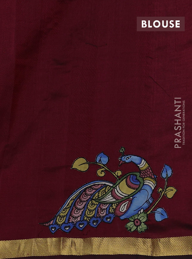 Silk cotton saree maroon with kalamkari applique work and zari woven border