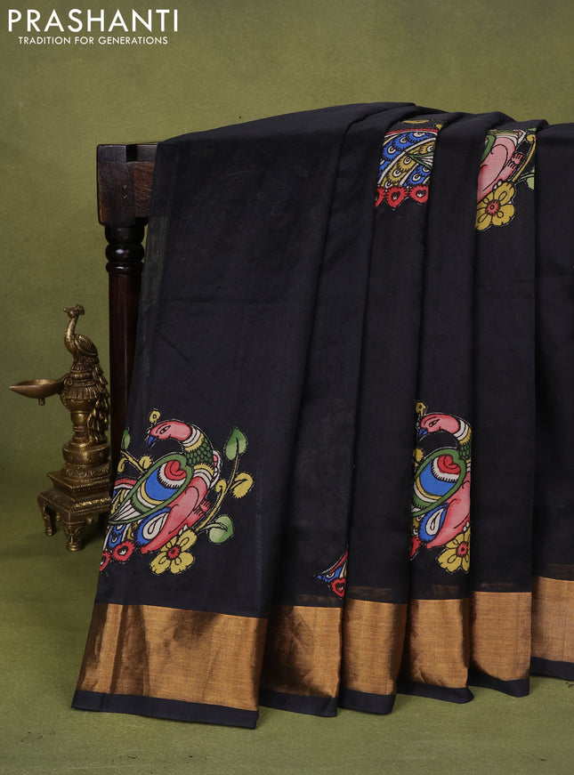 Silk cotton saree black with kalamkari applique work and zari woven border