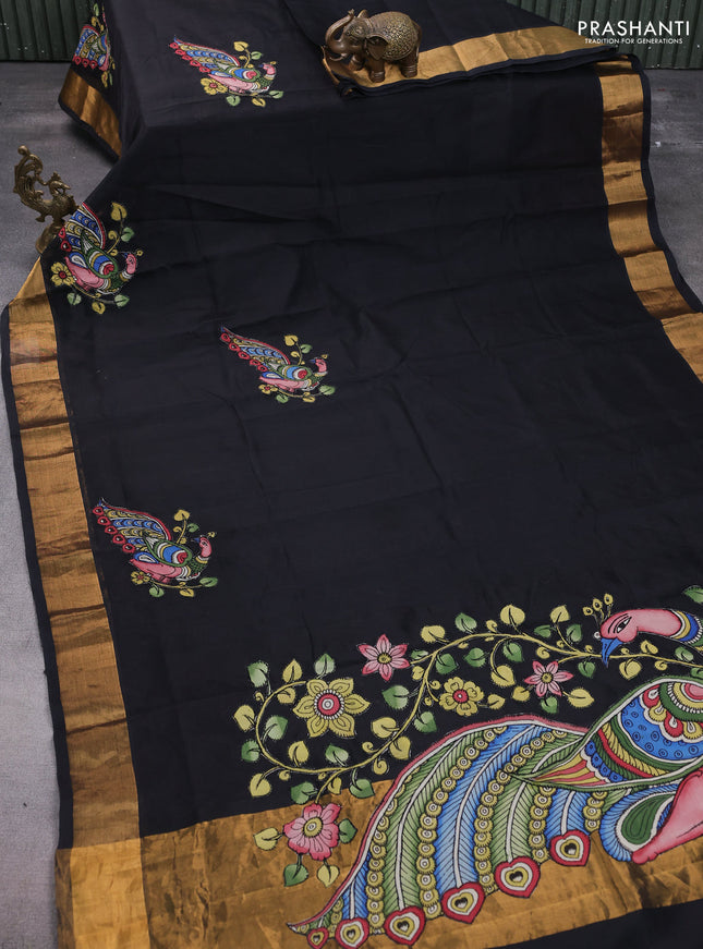 Silk cotton saree black with kalamkari applique work and zari woven border