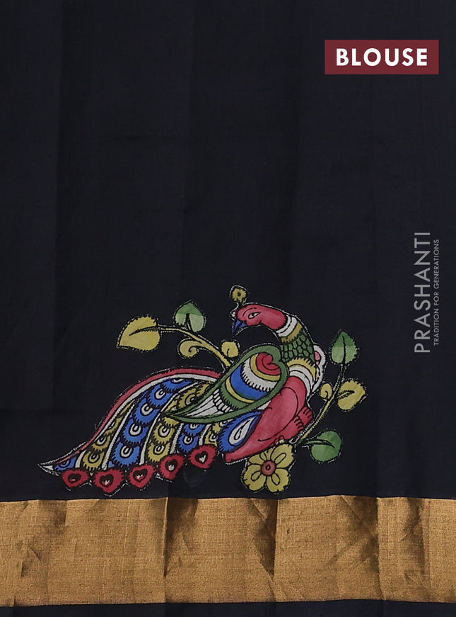 Silk cotton saree black with kalamkari applique work and zari woven border