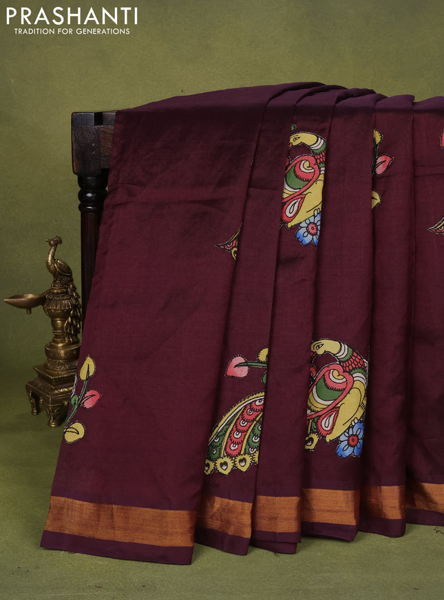 Silk cotton saree wine shade with kalamkari applique work and zari woven border