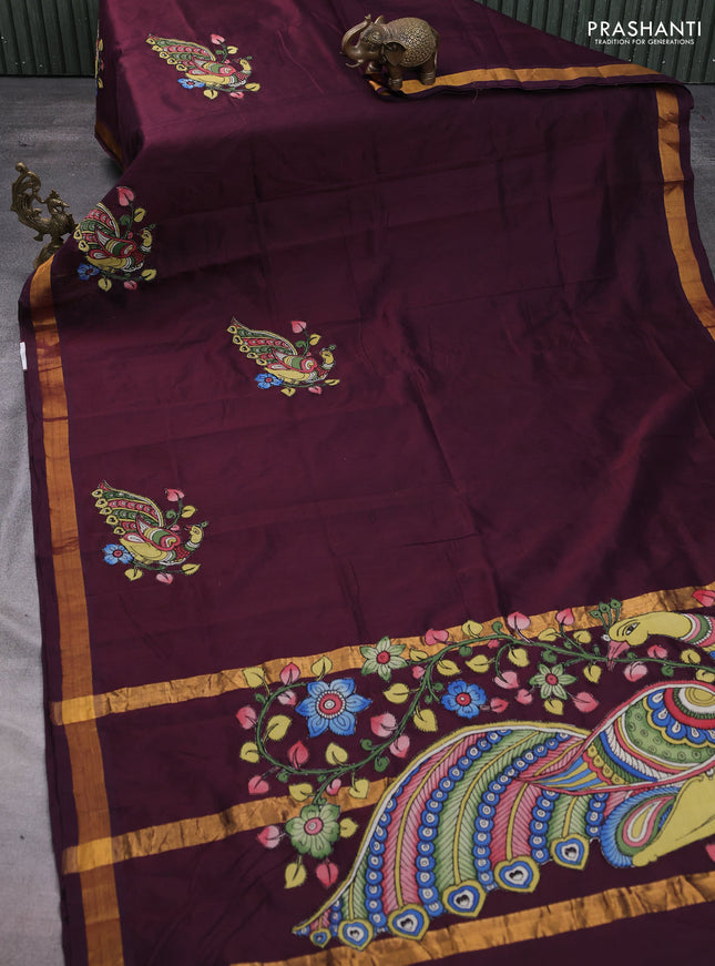 Silk cotton saree wine shade with kalamkari applique work and zari woven border